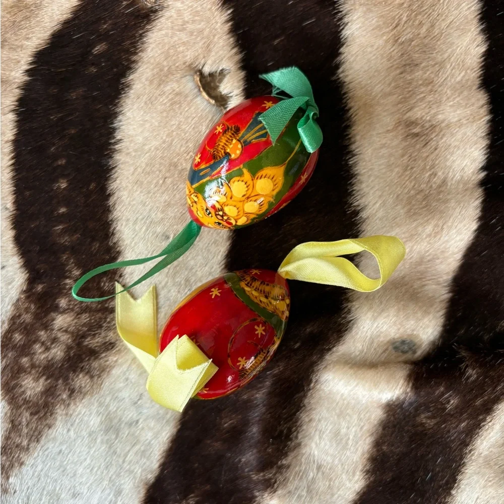 Russian hand painted egg ornaments. Bundle of 2. With‎ ribbons. Wooden